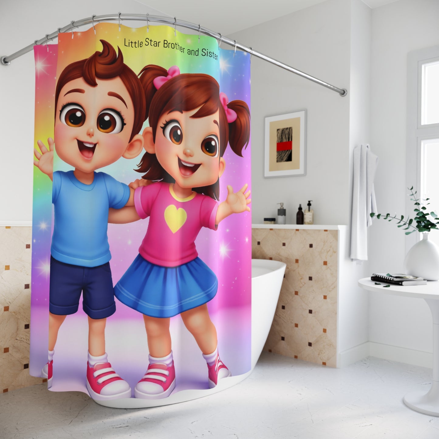 Kids Shower Curtain – Cute 'Little Star Brother and Sister' Rainbow Bath Decor