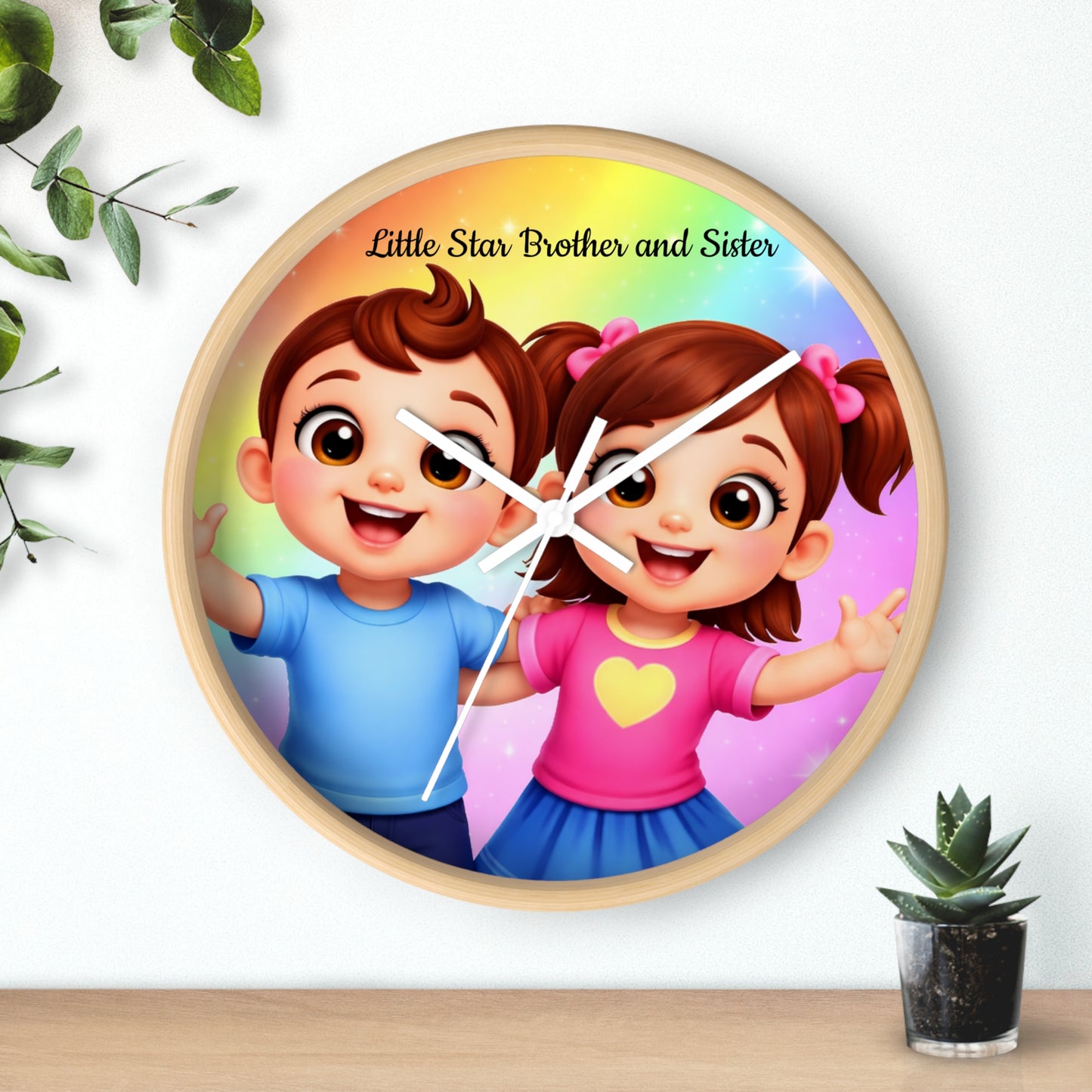 Sibling Kids Wall Clock — "Little Star Brother and Sister" Cute Nursery Decor