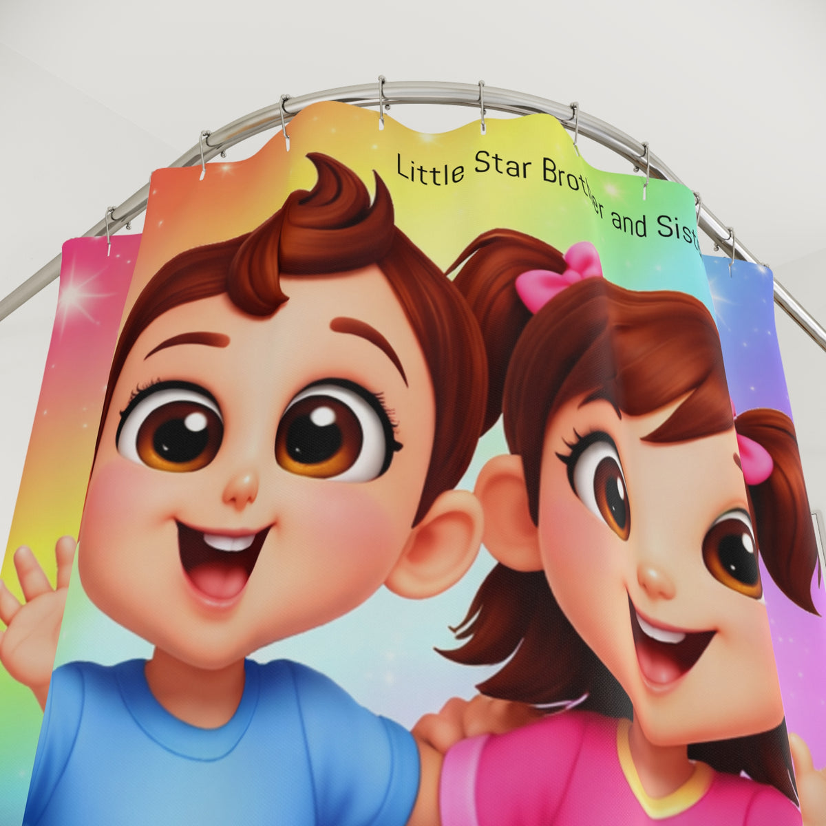 Kids Shower Curtain – Cute 'Little Star Brother and Sister' Rainbow Bath Decor