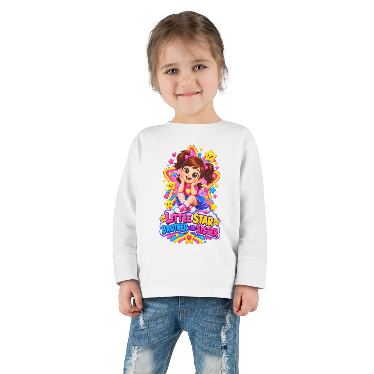 Toddler Long Sleeve Tee — "Little Star Big Sister" Cute Cartoon Girl Kids Shirt