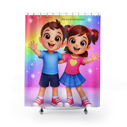 Kids Shower Curtain – Cute 'Little Star Brother and Sister' Rainbow Bath Decor