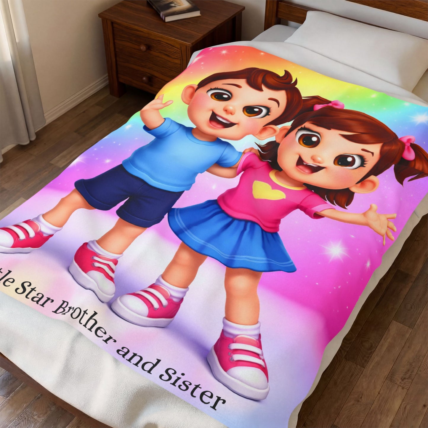 Velveteen Plush Blanket — "Little Star Brother and Sister" Rainbow Kids Throw