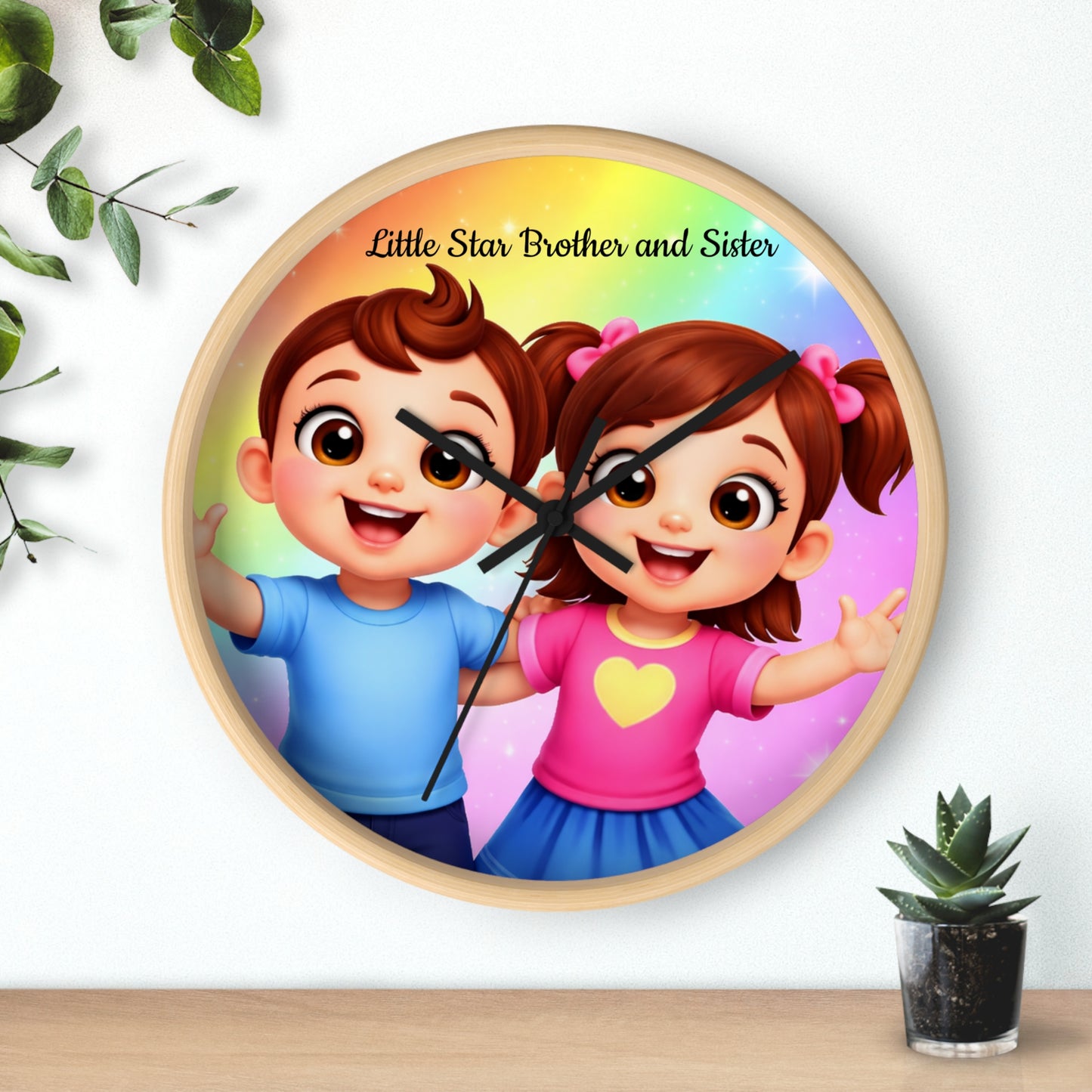 Sibling Kids Wall Clock — "Little Star Brother and Sister" Cute Nursery Decor
