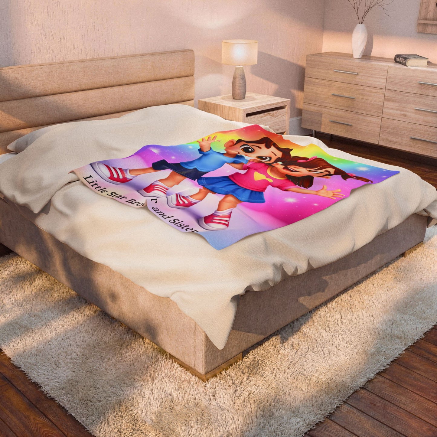 Velveteen Plush Blanket — "Little Star Brother and Sister" Rainbow Kids Throw