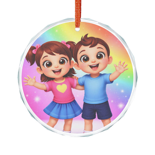 Cute Kids Glass Ornament – Rainbow Boy & Girl Holiday Decoration