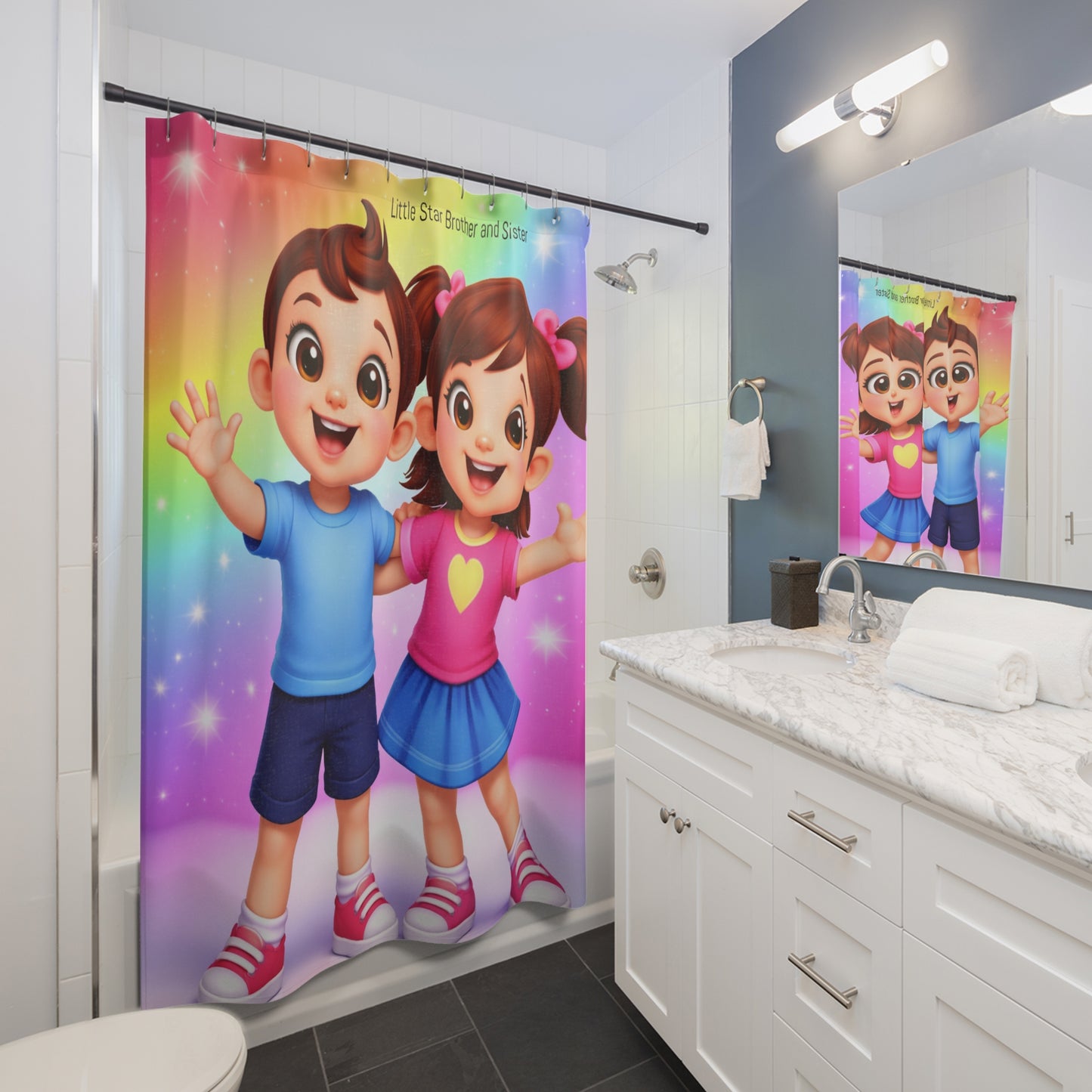 Kids Shower Curtain – Cute 'Little Star Brother and Sister' Rainbow Bath Decor