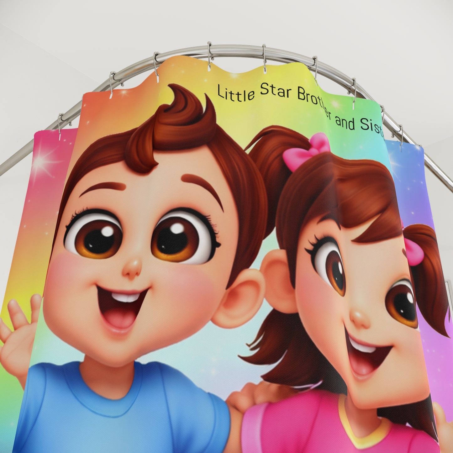 Kids Shower Curtain – Cute 'Little Star Brother and Sister' Rainbow Bath Decor