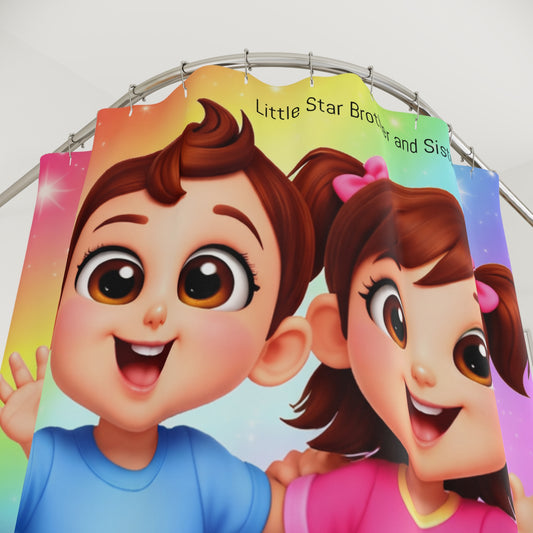 Kids Shower Curtain – Cute 'Little Star Brother and Sister' Rainbow Bath Decor