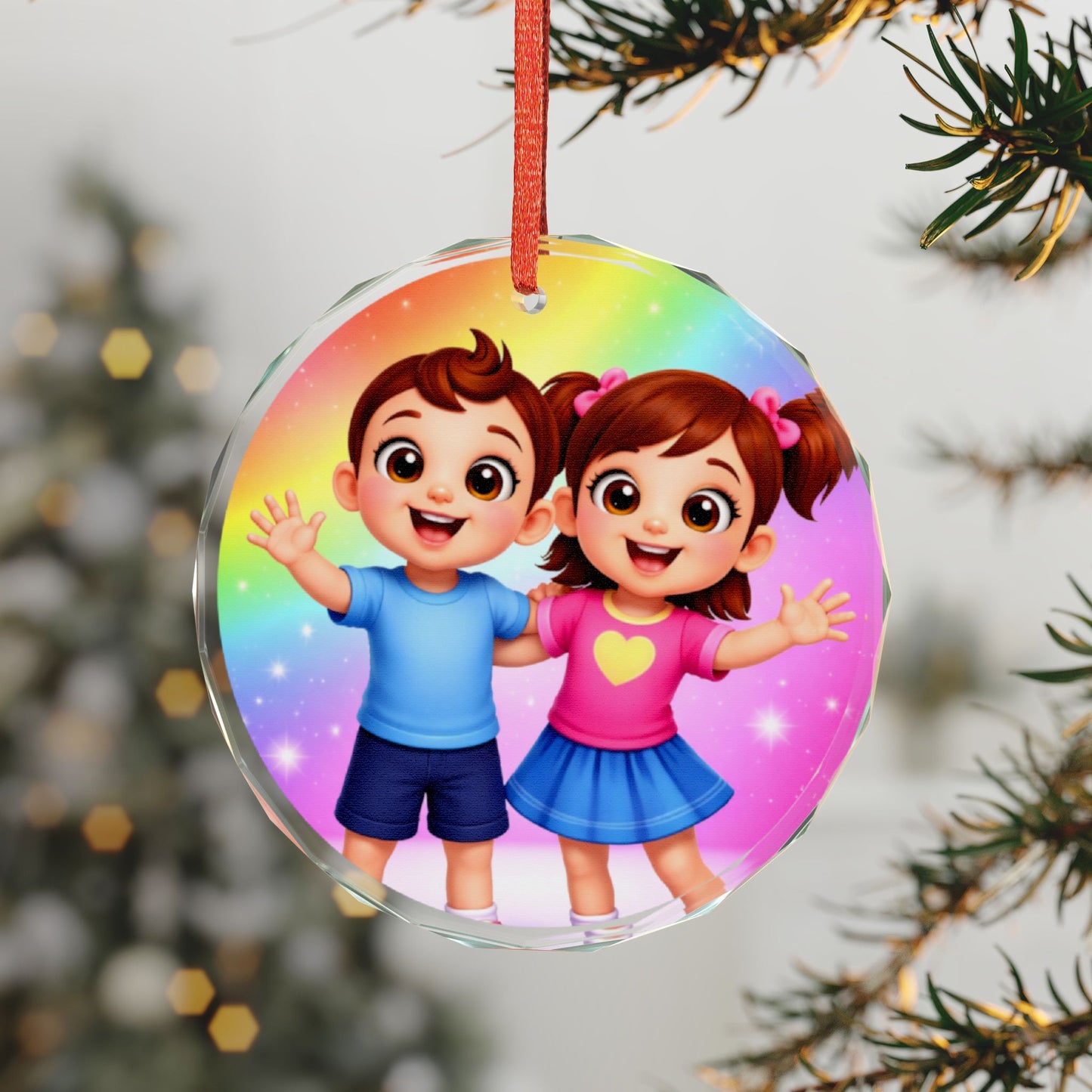 Cute Kids Glass Ornament – Rainbow Boy & Girl Holiday Decoration