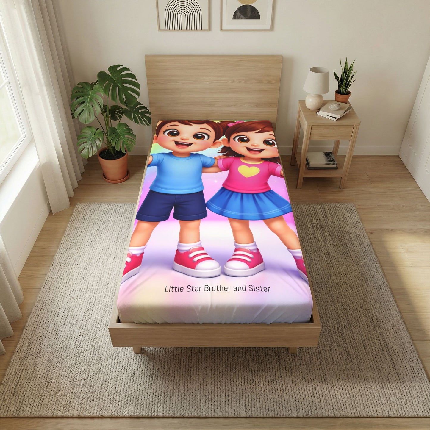 Twin Flat Sheet — "Little Star Brother and Sister" Kids Cartoon Sibling Bedding
