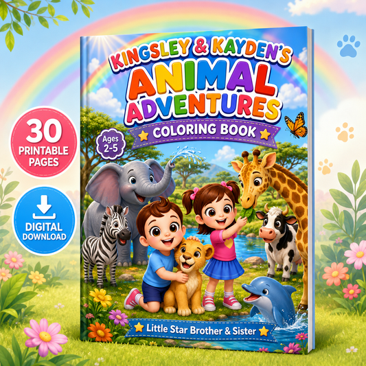 Digital product Little Star Brother & Sister: Kingsley & Kayden’s Animal Adventures Coloring Book – Farm, Jungle, Ocean & More for Kids Ages 2–5