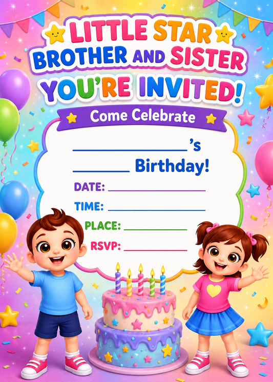 Little Star Brother and Sister Rainbow Birthday Invitation – Printable Kids Party Invite