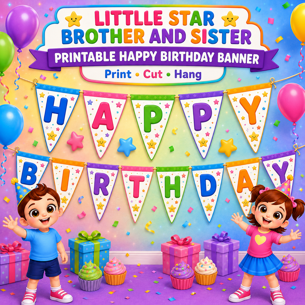 Little Star Brother and Sister Printable Happy Birthday Banner – Rainbow Party Decoration