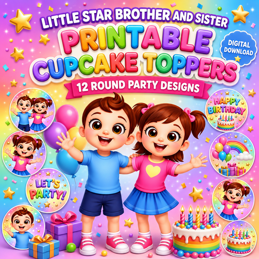 Little Star Brother and Sister Printable Cupcake Toppers – Rainbow Birthday Party Decorations
